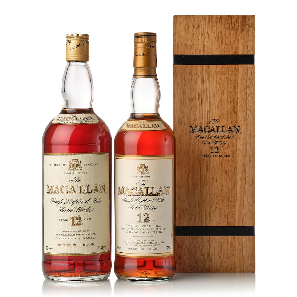 The Macallan 12 Year Old (1x 750ml) The Macallan 12 Year Old (1x 1000ml): The Macallan 12 Year Old (1x 750ml) Region: Speyside Fill Level: base neck Label: bin-soiled label, bin-soiled and stained neck label Packaging: original wooden case Alcohol content: 40% ABV Notes: Di