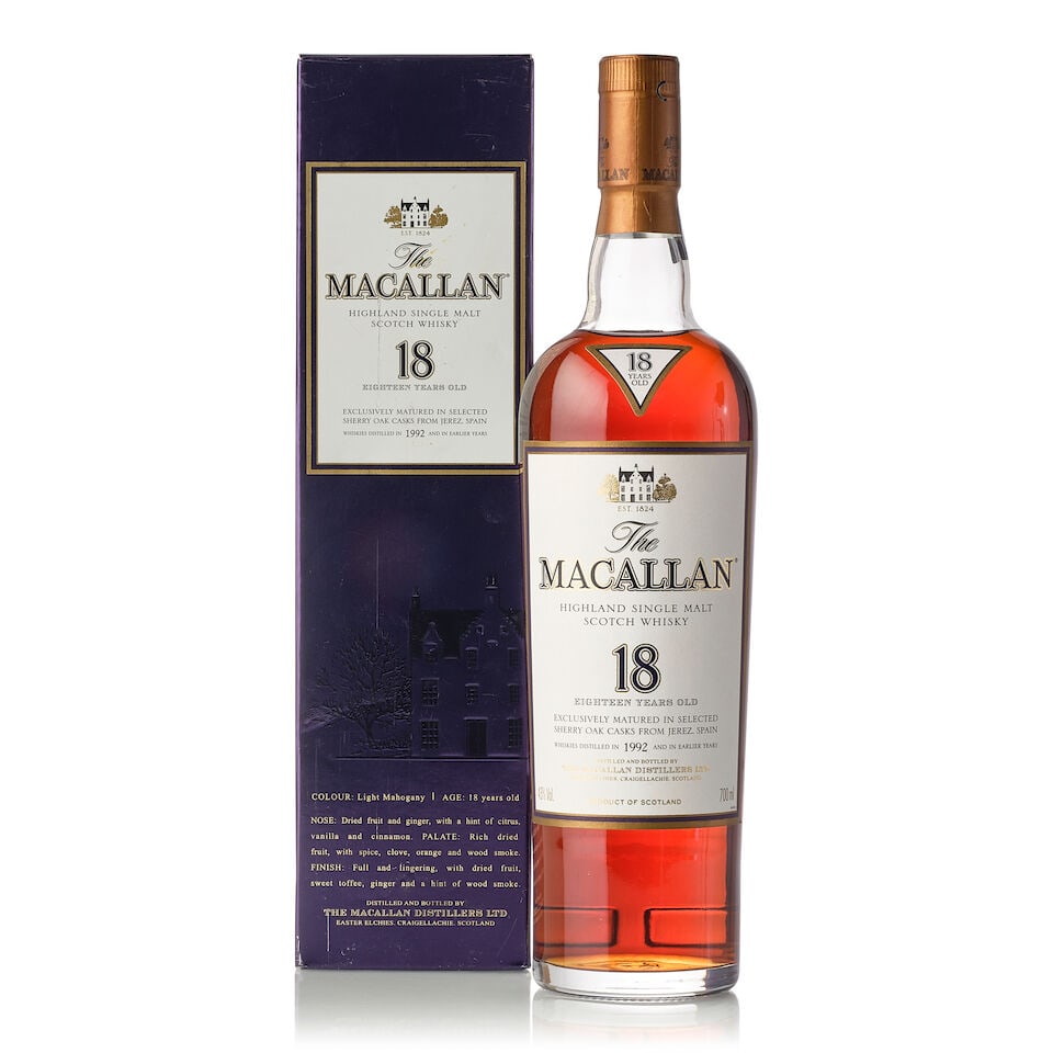 The Macallan 18 Year Old, 1992 (1x 700ml): The Macallan 18 Year Old, 1992 (1x 700ml) Region: Speyside Fill Level: very top shoulder Label: good label Packaging: scuffed original carton Alcohol content: 43% ABV Notes: Distilled and bottled by T
