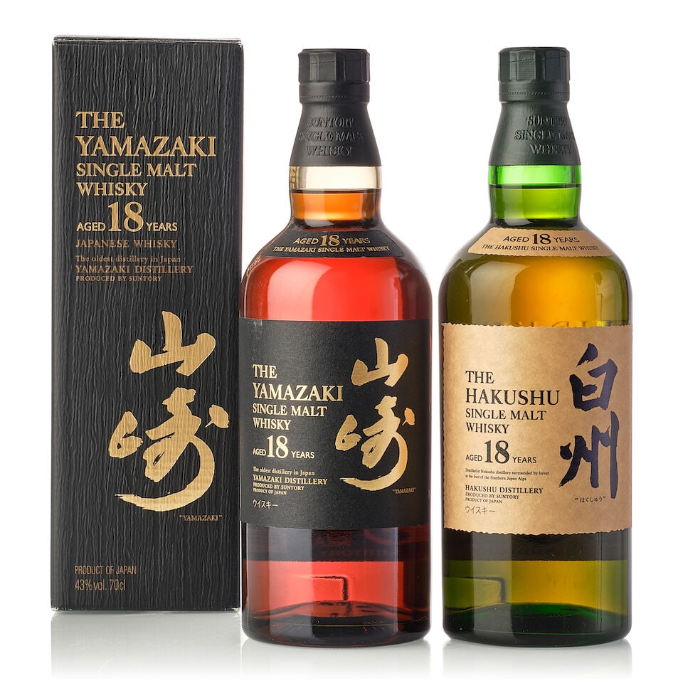 山崎 Yamazaki 18 Year Old (1x 700ml) 白州 Hakushu 18 Year Old (1x 700ml): 山崎 Yamazaki 18 Year Old (1x 700ml) Region: Japan Fill Level: into neck Label: slightly scuffed label Packaging: original carton Alcohol content: 43% ABV Notes: Distilled and bottled at Y