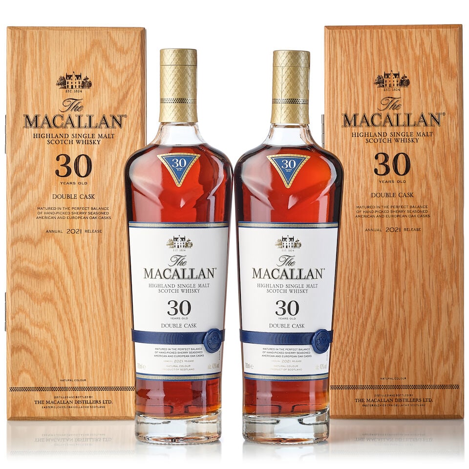 The Macallan 30 Year Old Double Cask 2021 Release, NV (2x 700ml): The Macallan 30 Year Old Double Cask 2021 Release, NV (2x 700ml) Region: Speyside Label: 2x good labels Packaging: 2x original wooden cases Alcohol content: 43% ABV Notes: Distilled and bottled by The