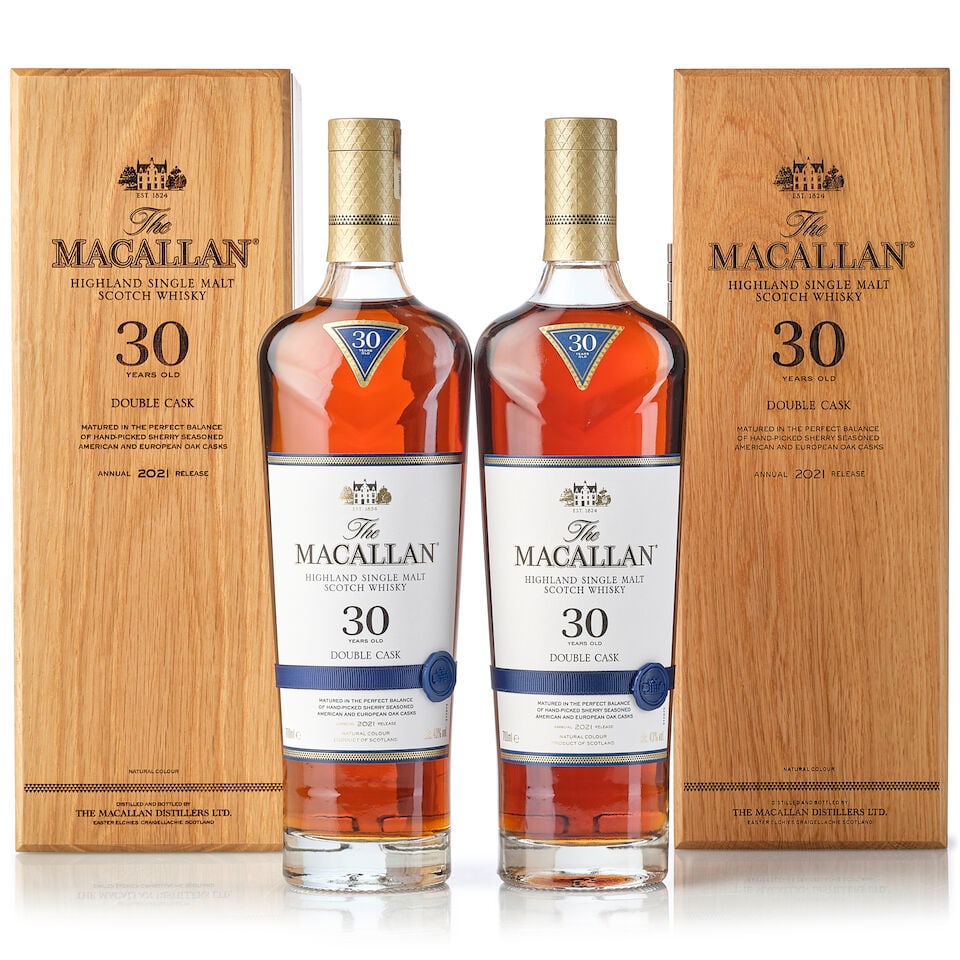The Macallan 30 Year Old Double Cask 2021 Release, NV (2x 700ml): The Macallan 30 Year Old Double Cask 2021 Release, NV (2x 700ml) Region: Speyside Label: 2x good labels Packaging: 2x original wooden cases Alcohol content: 43% ABV Notes: Distilled and bottled by The