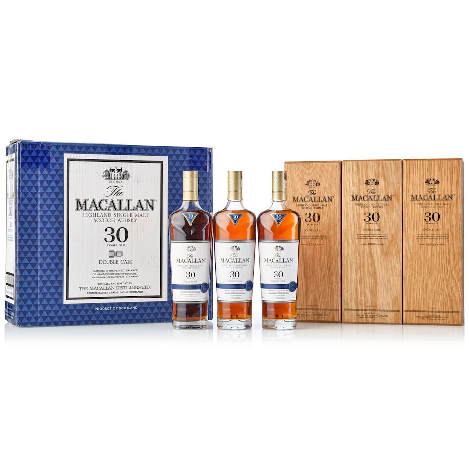 The Macallan 30 Year Old Double Cask 2022 Release, NV (3x 700ml): The Macallan 30 Year Old Double Cask 2022 Release, NV (3x 700ml) Region: Speyside Label: 1x good label, 2x slightly detached labels Packaging: 3x original wooden cases Miscellaneous: original outer ca