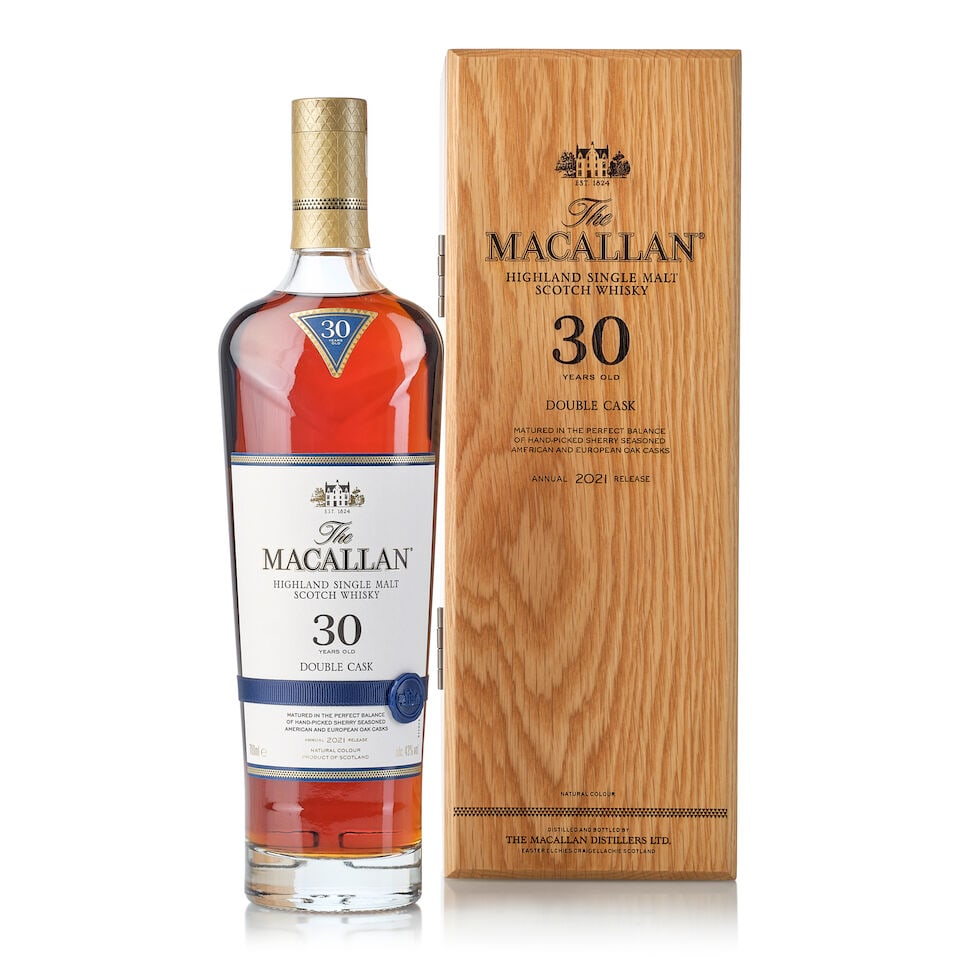 The Macallan 30 Year Old Double Cask 2021 Release, NV (1x 700ml): The Macallan 30 Year Old Double Cask 2021 Release, NV (1x 700ml) Region: Speyside Label: good label Packaging: original wooden case Alcohol content: 43% ABV Notes: Distilled and bottled by The Macalla
