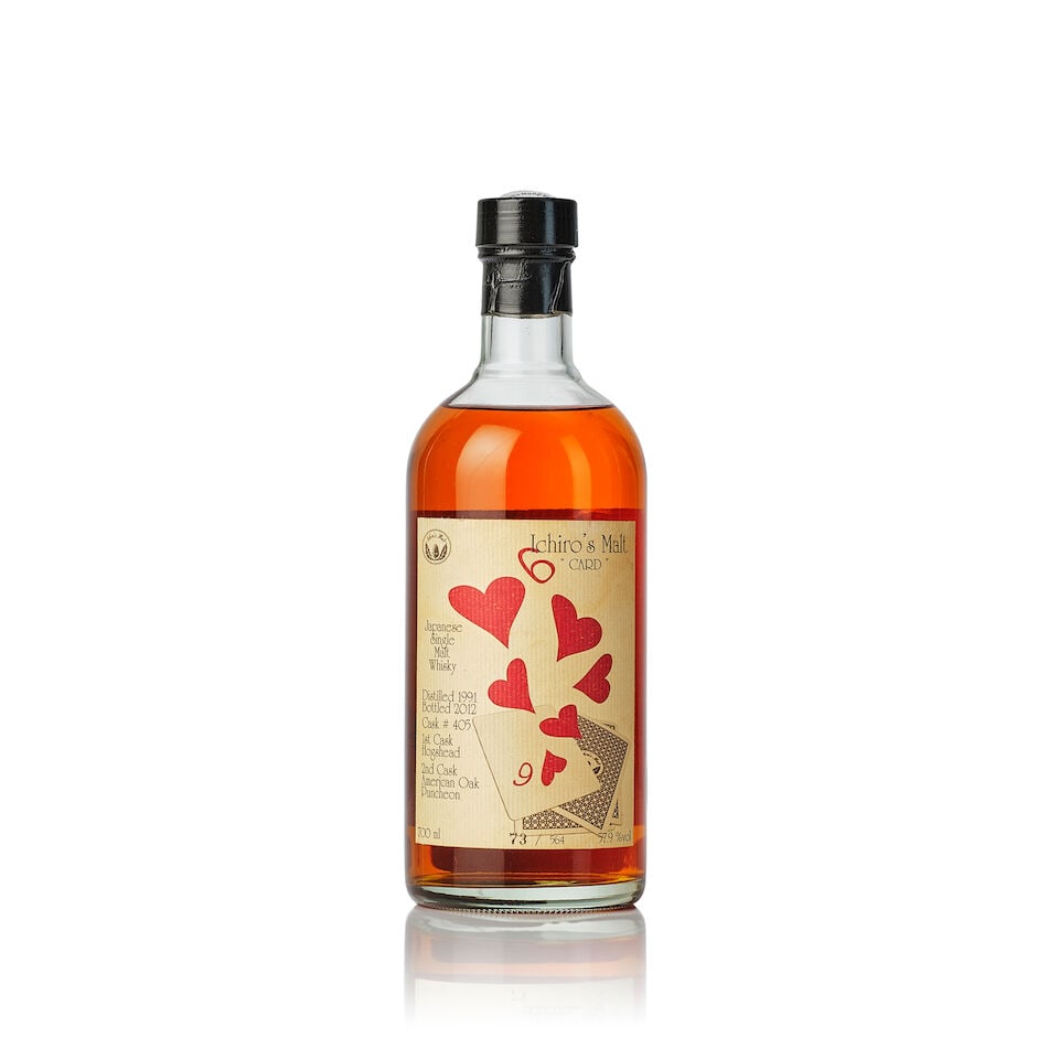 羽生 Hanyu Ichiro's Malt 6 of Hearts, 1991 (1x 700ml): 羽生 Hanyu Ichiro's Malt 6 of Hearts, 1991 (1x 700ml) Region: Japan Label: heavily bin-soiled and stained labels. Torn and scuffed back label. Alcohol content: 57.9% ABV Notes: Distilled 1