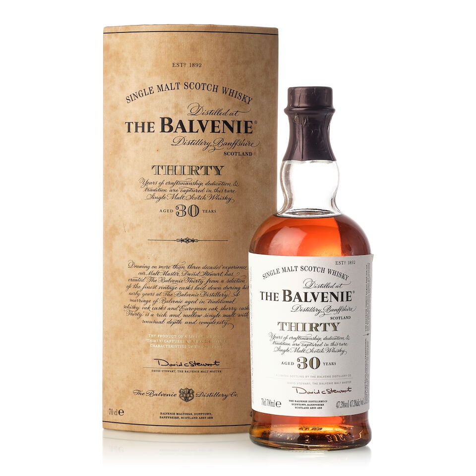 Balvenie 30 Year Old (1x 700ml): Balvenie 30 Year Old (1x 700ml) Region: Speyside Fill Level: high shoulder Label: nicked and slightly stained labeling Packaging: in heavily stained original carton Alcohol content: 47.3% ABV Notes: D