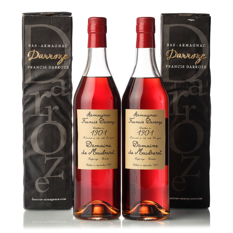 Francis Darroze Armagnac 84 Year Old, 1901 (2x 700ml): Francis Darroze Armagnac 84 Year Old, 1901 (2x 700ml) Region: Armagnac Capsule: 2x scuffed capsule foils Label: 3x good labels Packaging: 2x damp affected, torn, label tapped and creased original cart