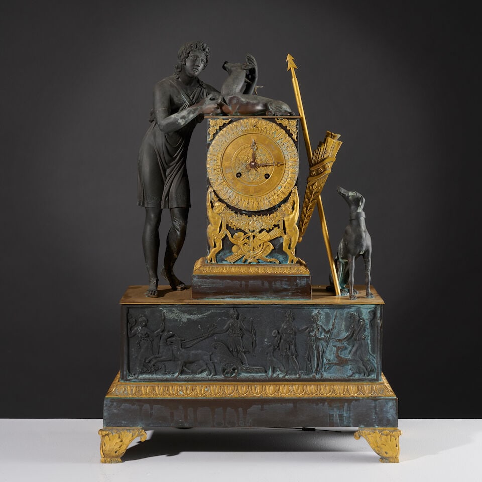 Pendule figurant Actéon en bronze patiné et bronze doré d'époque Restauratio...: Pendule figurant Actéon en bronze patiné et bronze doré d'époque Restauration A patinated and gilt-bronze clock depicting Actaeon, first half of the 19th century Actéon,
