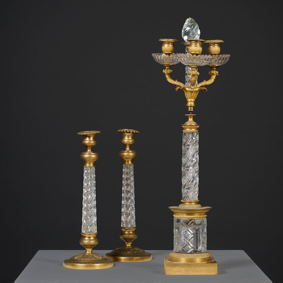 Candélabre et paire de flambeaux en cristal et bronze doré d'époque Charles X A C... - 7