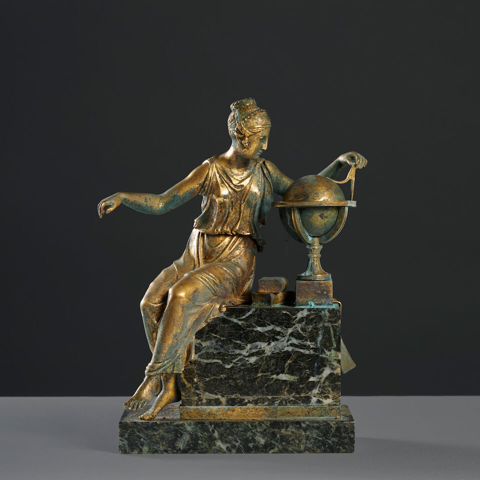 Figure d'Uranie en bronze doré d'époque Empire Figure of Urania in gilt-bronze, from t...: Figure d'Uranie en bronze doré d'époque Empire Figure of Urania in gilt-bronze, from the first half of the 19th century Muse de la géographie, elle est représentée assise v