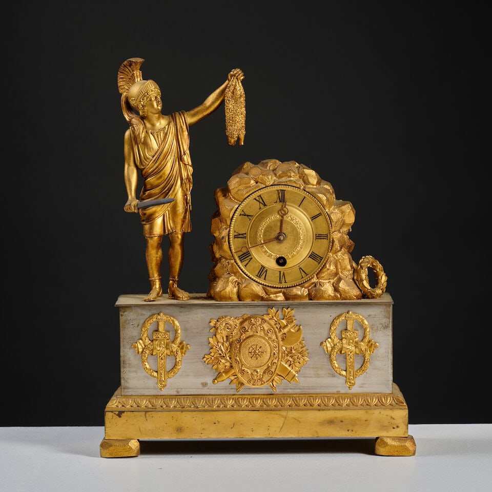 Pendule Jason et la Toison d'or en bronze doré et patiné d'époque Restauration A ...: Pendule Jason et la Toison d'or en bronze doré et patiné d'époque Restauration A clock depicting Jason and the Golden Fleece in patinated and gilt-bronze, first half of the 19th
