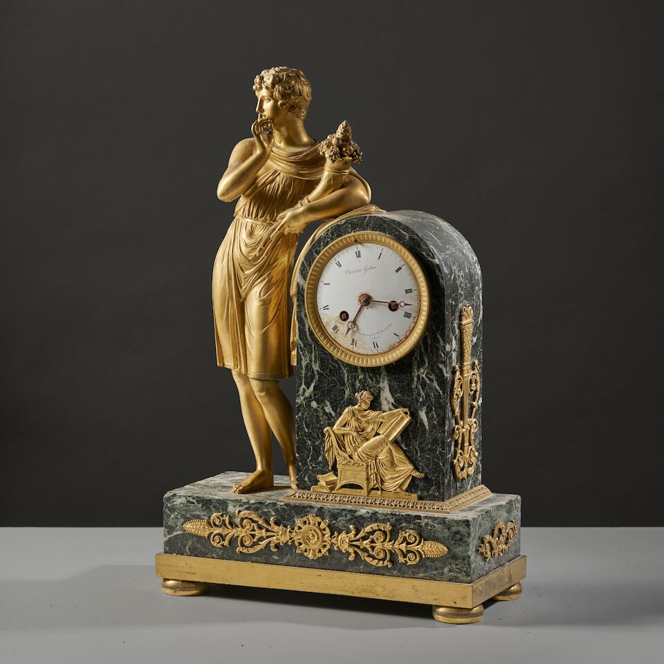 Pendule borne en marbre vert de mer et bronze doré figurant 'l'Abondance' d'époque Res... - 3
