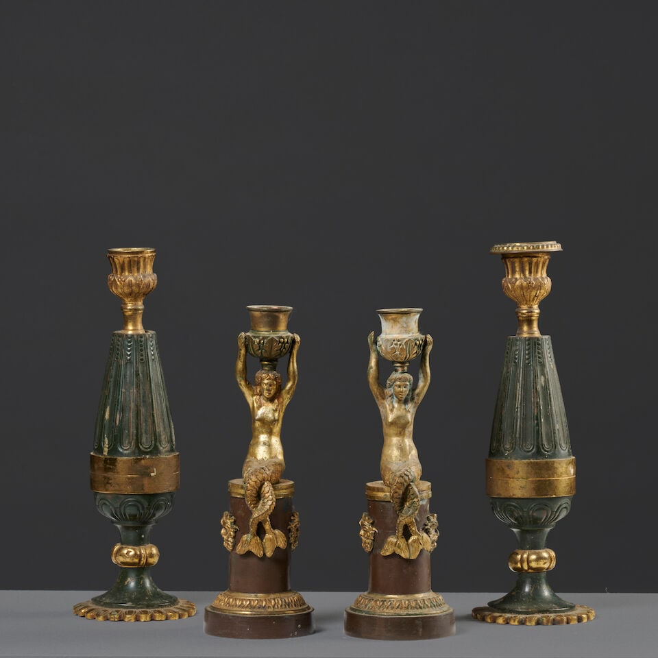 Deux paires de flambeaux, l'un en bronze doré et ciselé en forme de sirène d'... (1 of 5)