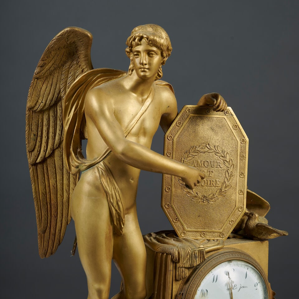 Pendule 'Amour et Gloire' en bronze doré et marbre vert veiné d'époque Empire An ... - 2