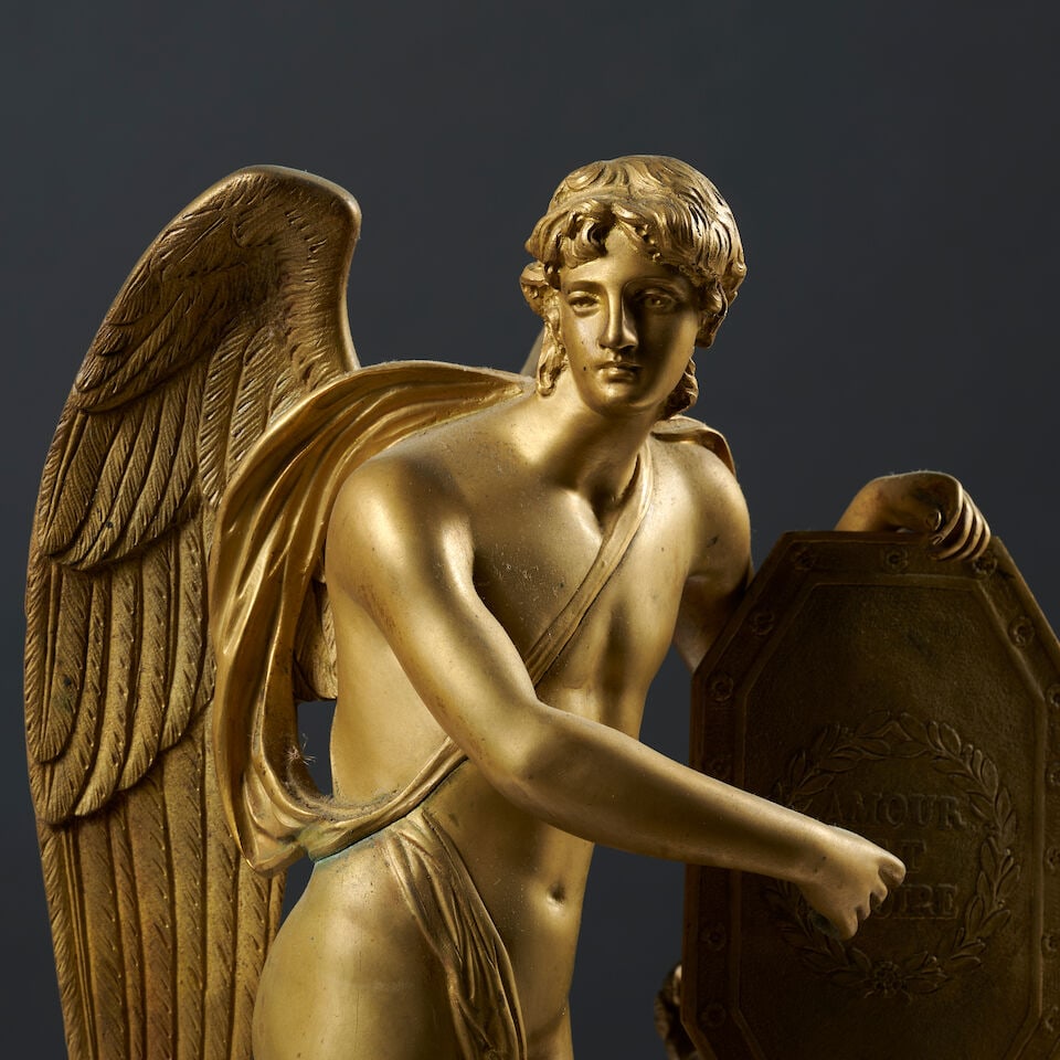 Pendule 'Amour et Gloire' en bronze doré et marbre vert veiné d'époque Empire An ... - 3