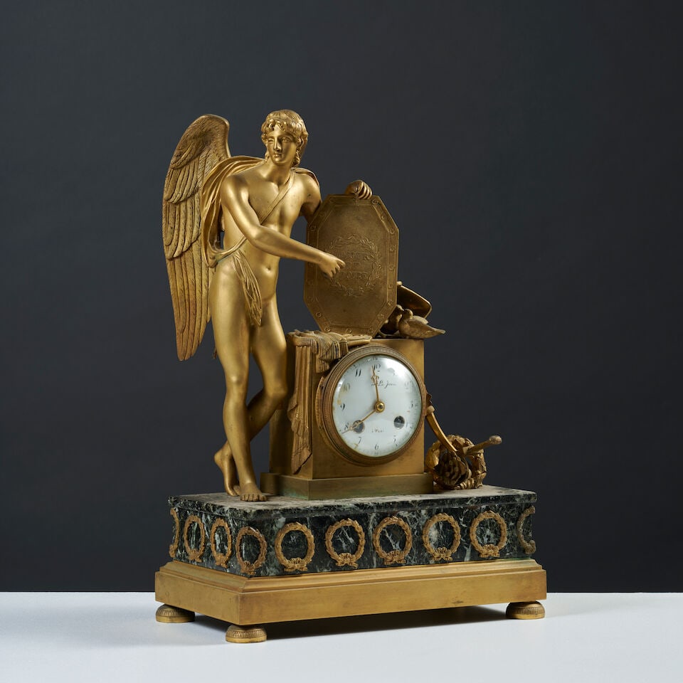 Pendule 'Amour et Gloire' en bronze doré et marbre vert veiné d'époque Empire An ... - 5