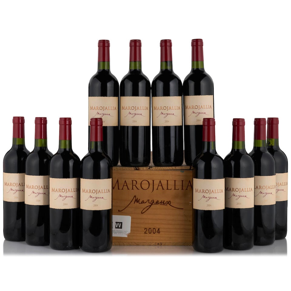 Marojallia, 2004 (12 bottles, 750ml): Marojallia, 2004 (12 bottles, 750ml) Region: Margaux Fill Level: bottom neck or better Packaging: original wooden case Footnotes: Bordeaux, Left Bank This lot is subject to the following lot symbols:
