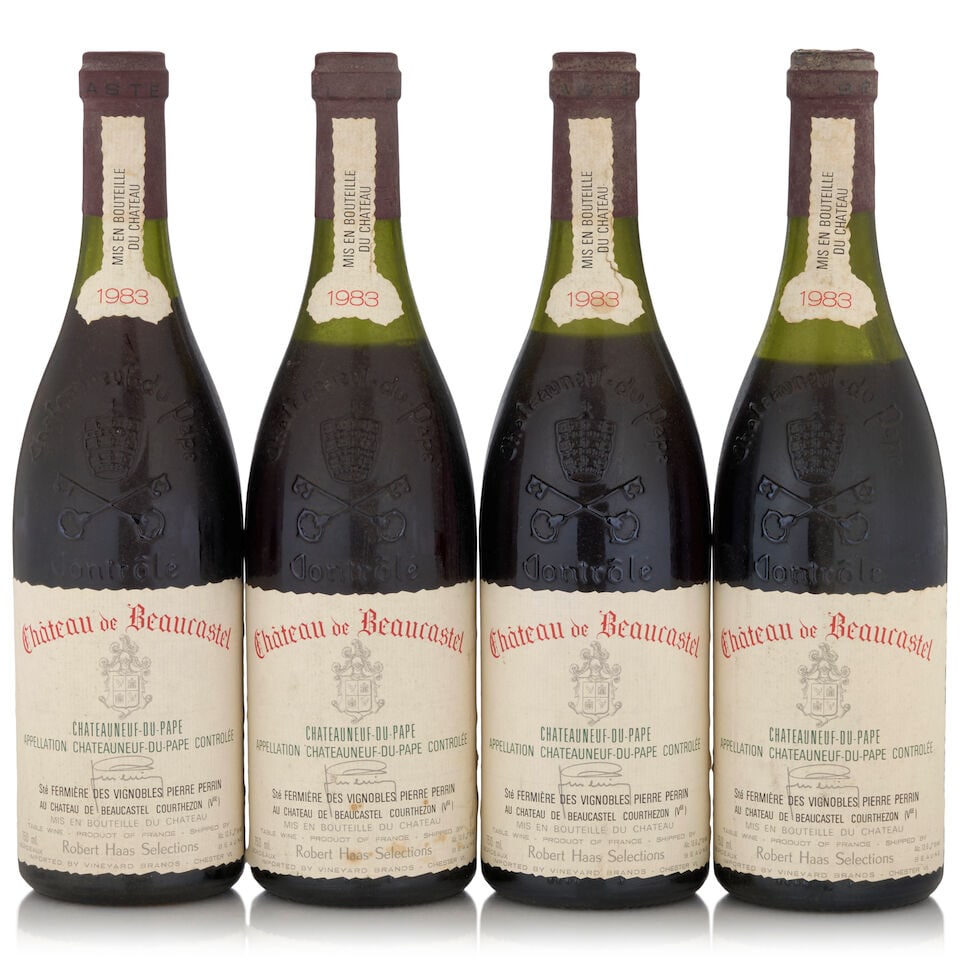 Château de Beaucastel, Châteauneuf-du-Pape, 1983 (4 bottles, 750ml): Château de Beaucastel, Châteauneuf-du-Pape, 1983 (4 bottles, 750ml) Region: Southern Rhône Fill Level: one 3cm, one 4cm, one 4.5cm, one 5.5cm Capsule: bin soiled, two corroded, one heav