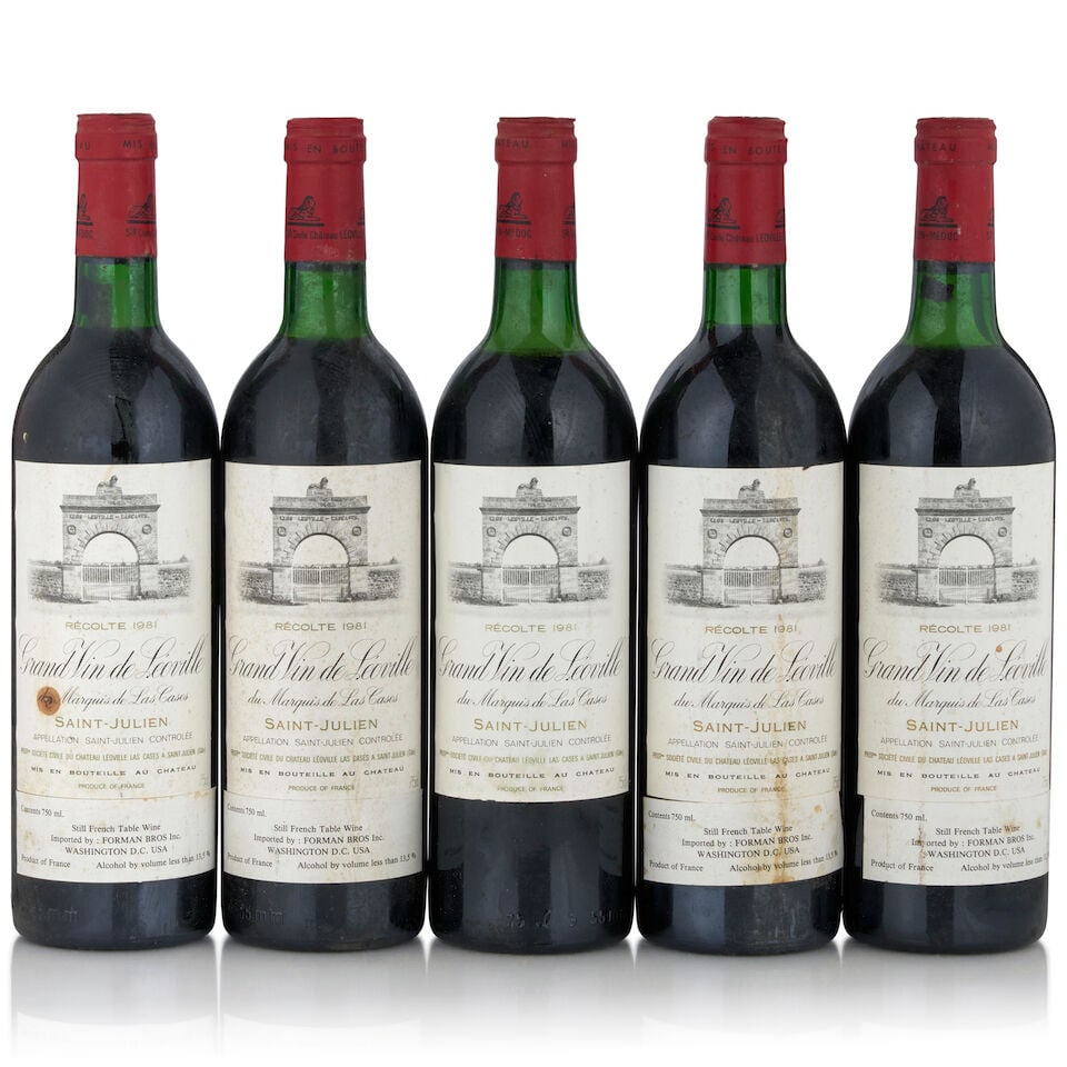 Château Léoville-Las Cases, 1981 (5 bottles, 750ml): Château Léoville-Las Cases, 1981 (5 bottles, 750ml) Region: Saint-Julien Fill Level: two bottom neck, one very top shoulder, two top shoulder Capsule: lightly worn, one corroded Label:
