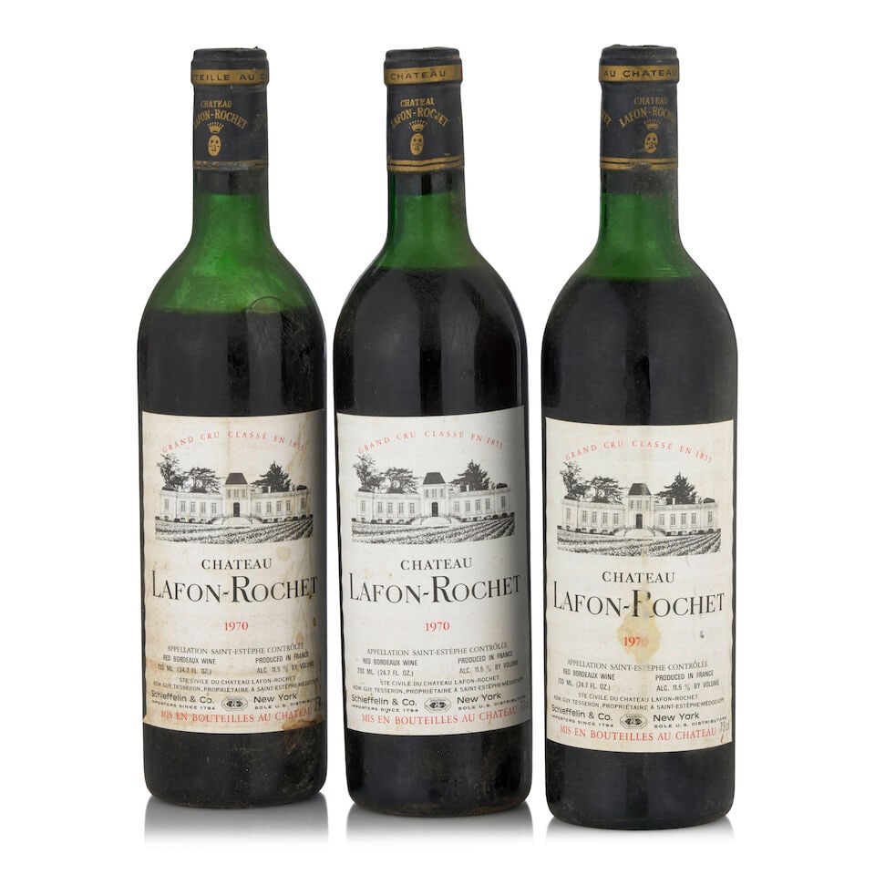 Château Lafon-Rochet, 1970 (3 bottles, 750ml): Château Lafon-Rochet, 1970 (3 bottles, 750ml) Region: Saint-Estèphe Fill Level: two high shoulder, one mid shoulder Capsule: lightly discolored and oxidized Label: bin soiled, two