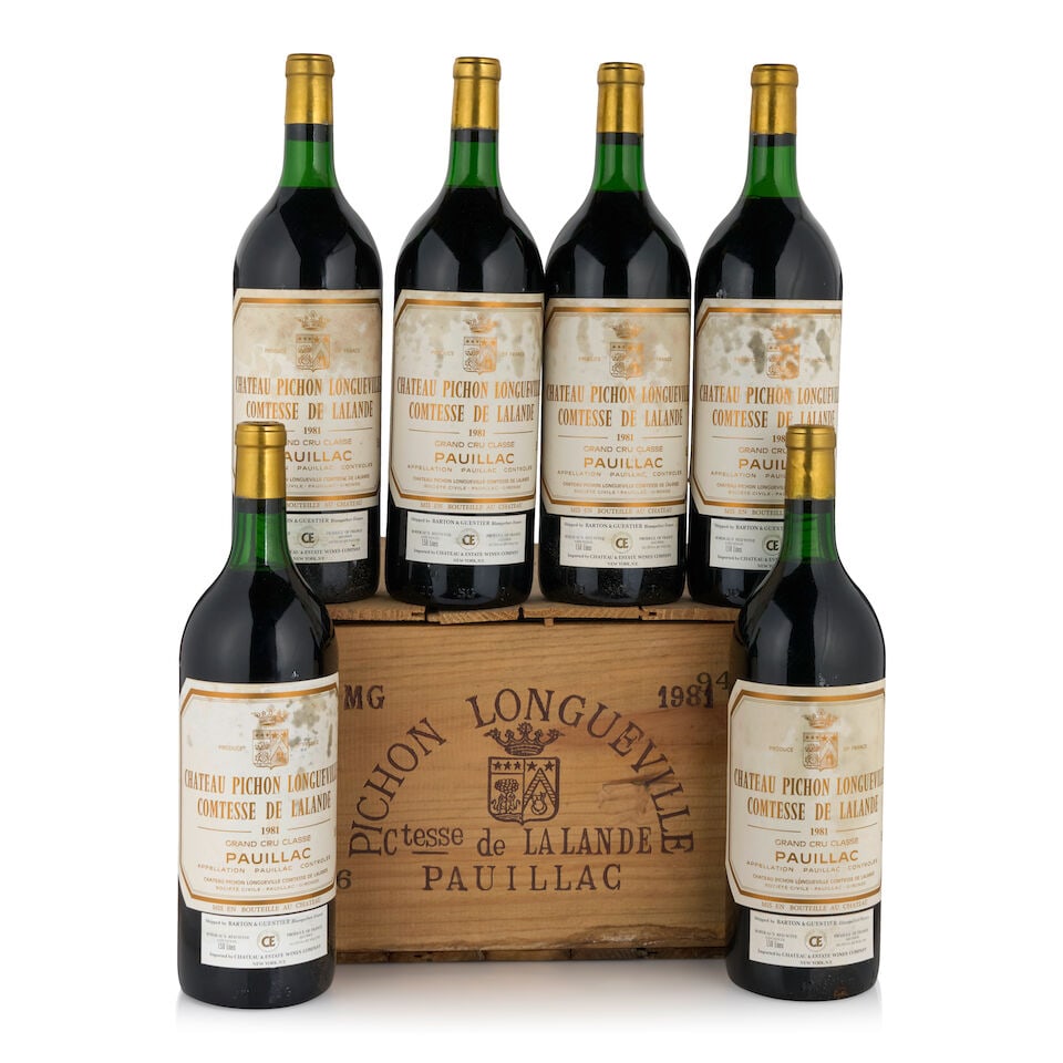Château Pichon-Lalande, 1981 (6 bottles, 1.5L): Château Pichon-Lalande, 1981 (6 bottles, 1.5L) Region: Pauillac Fill Level: very top shoulder Label: heavily damp-stained Packaging: original wooden case Footnotes: Bordeaux, Left Bank This lot