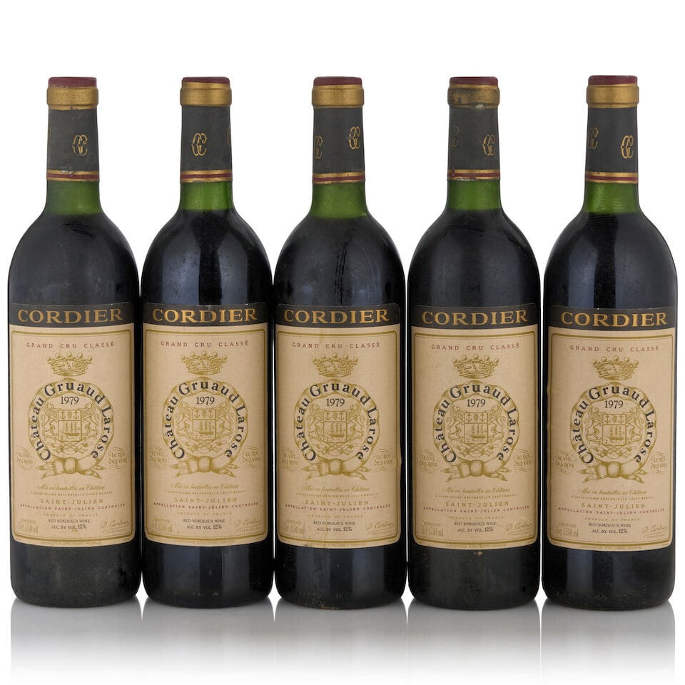 Château Gruaud Larose, 1979 (5 bottles, 750ml): Château Gruaud Larose, 1979 (5 bottles, 750ml) Region: Saint-Julien Fill Level: very top shoulder Capsule: bin soiled, one lightly oxidized and lightly corroded Label: bin