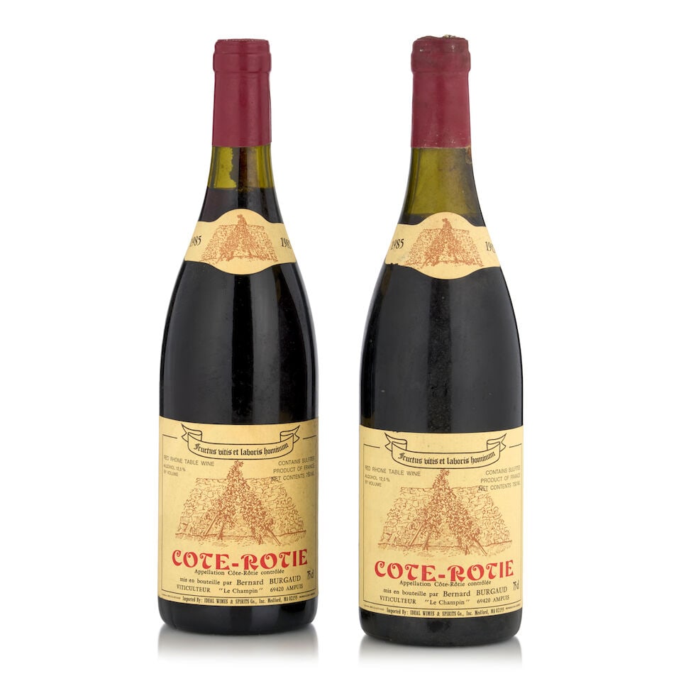 Bernard Burgaud, Côte Rôtie, 1985 (2 bottles, 750ml): Bernard Burgaud, Côte Rôtie, 1985 (2 bottles, 750ml) Region: Northern Rhône Fill Level: one 2cm, one 3cm Capsule: worn, one corroded Label: lightly bin soiled, one lightly nicked This