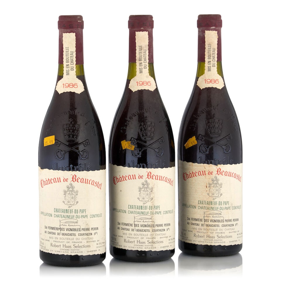 Château de Beaucastel Châteauneuf-du-Pape, 1986 (3 bottles, 750ml): Château de Beaucastel Châteauneuf-du-Pape, 1986 (3 bottles, 750ml) Region: Southern Rhône Fill Level: one 1cm, two 2cm Capsule: bin soiled, one nicked Label: lightly bin soiled This