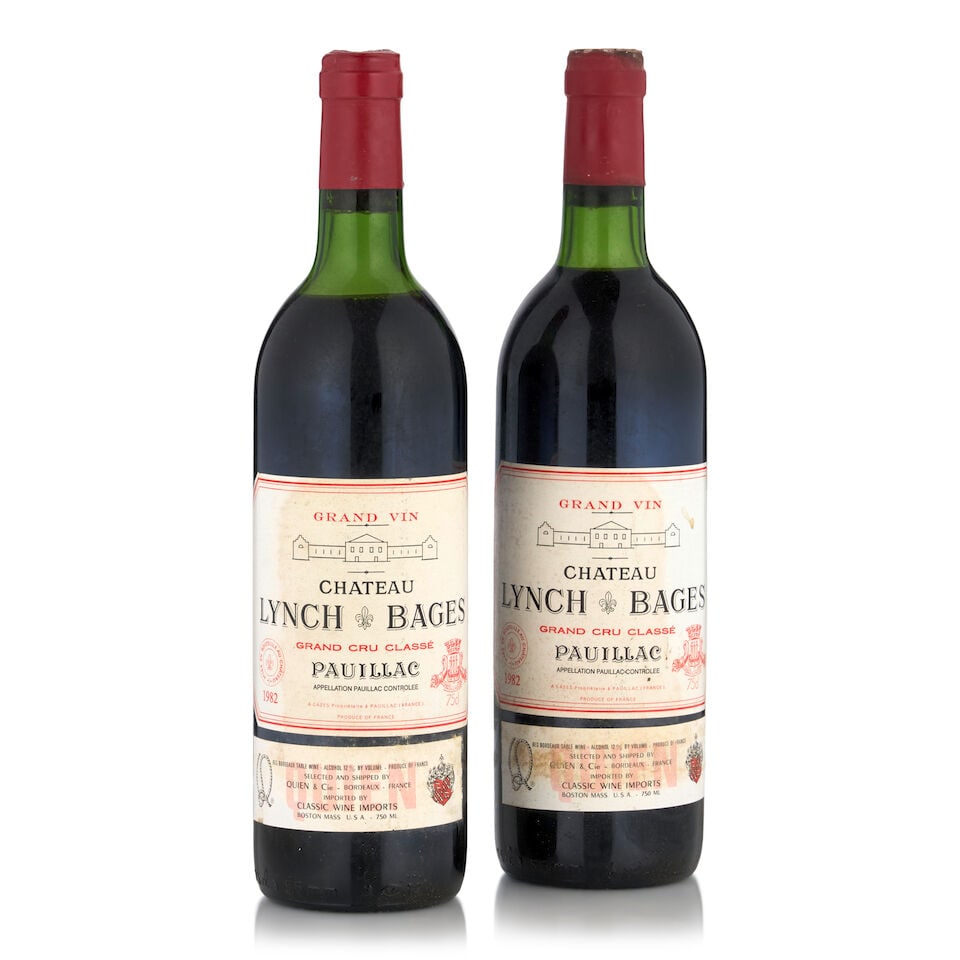 Château Lynch-Bages, 1982 (2 bottles, 750ml): Château Lynch-Bages, 1982 (2 bottles, 750ml) Region: Pauillac Fill Level: one top shoulder, one high shoulder Capsule: one lightly corroded Label: lightly bin soiled Footnotes: Left Bank, Bordeau