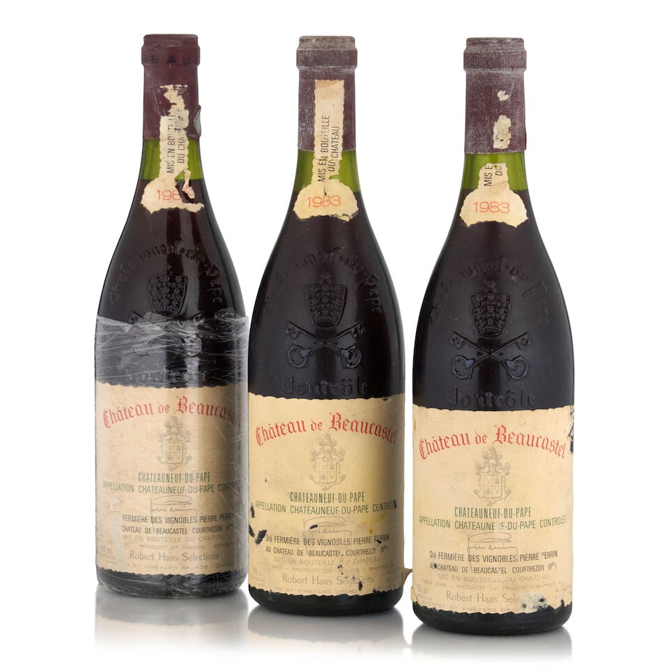 Château de Beaucastel Châteauneuf-du-Pape, 1983 (3 bottles, 750ml): Château de Beaucastel Châteauneuf-du-Pape, 1983 (3 bottles, 750ml) Region: Southern Rhône Fill Level: all 2cm Capsule: lightly worn, oxidized Label: bin soiled, nicked, scuffed, one