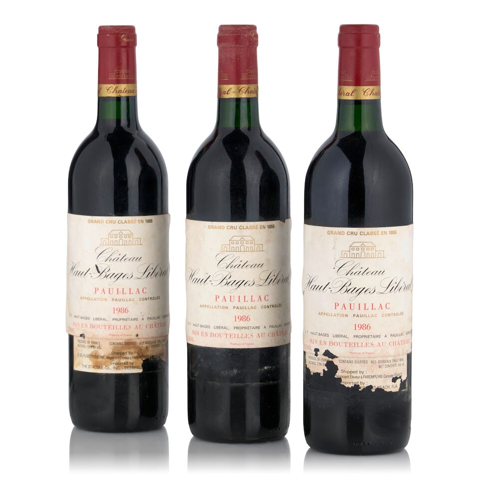 Château Haut-Bages-Liberal, 1986 (3 bottles, 750ml): Château Haut-Bages-Liberal, 1986 (3 bottles, 750ml) Region: Pauillac Fill Level: bottom neck or better Capsule: one nicked, two lighlty oxidized Label: lightly bin soiled, nicked, partially