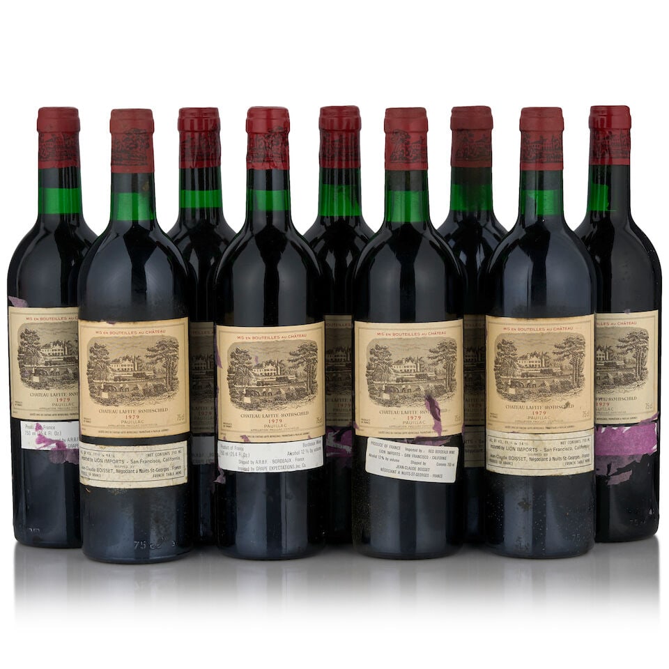 Château Lafite Rothschild, 1979 (9 bottles, 750ml): Château Lafite Rothschild, 1979 (9 bottles, 750ml) Region: Pauillac Fill Level: bottom neck or better Capsule: wrinkled, one partially torn Label: bin soiled, eight with tissue