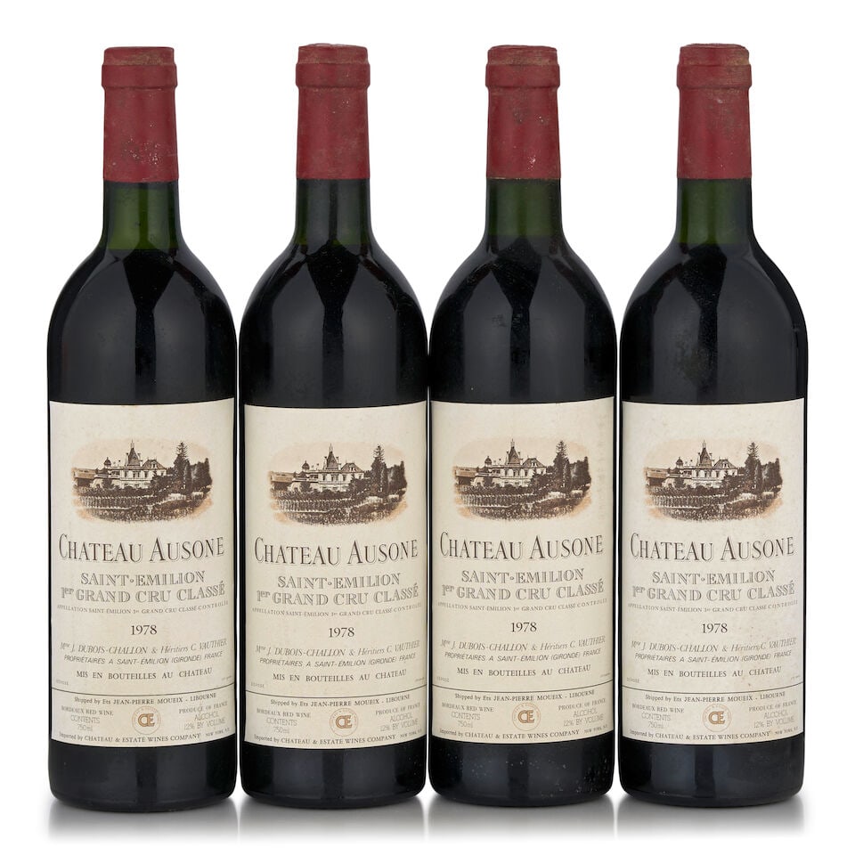 Château Ausone, 1978 (4 bottles, 750ml): Château Ausone, 1978 (4 bottles, 750ml) Region: Saint-Émilion Fill Level: very top shoulder Capsule: bin soiled, lightly oxidized Label: bin soiled Footnotes: Bordeaux, Right Bank This lot i