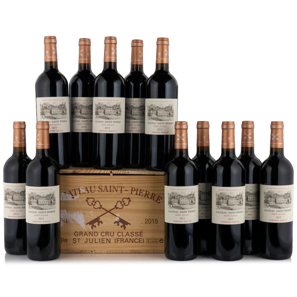 Château Saint Pierre, 2015 (12 bottles, 750ml): Château Saint Pierre, 2015 (12 bottles, 750ml) Region: Saint-Julien Packaging: original wooden case Footnotes: Bordeaux, Left Bank This lot is subject to the following lot symbols: • •