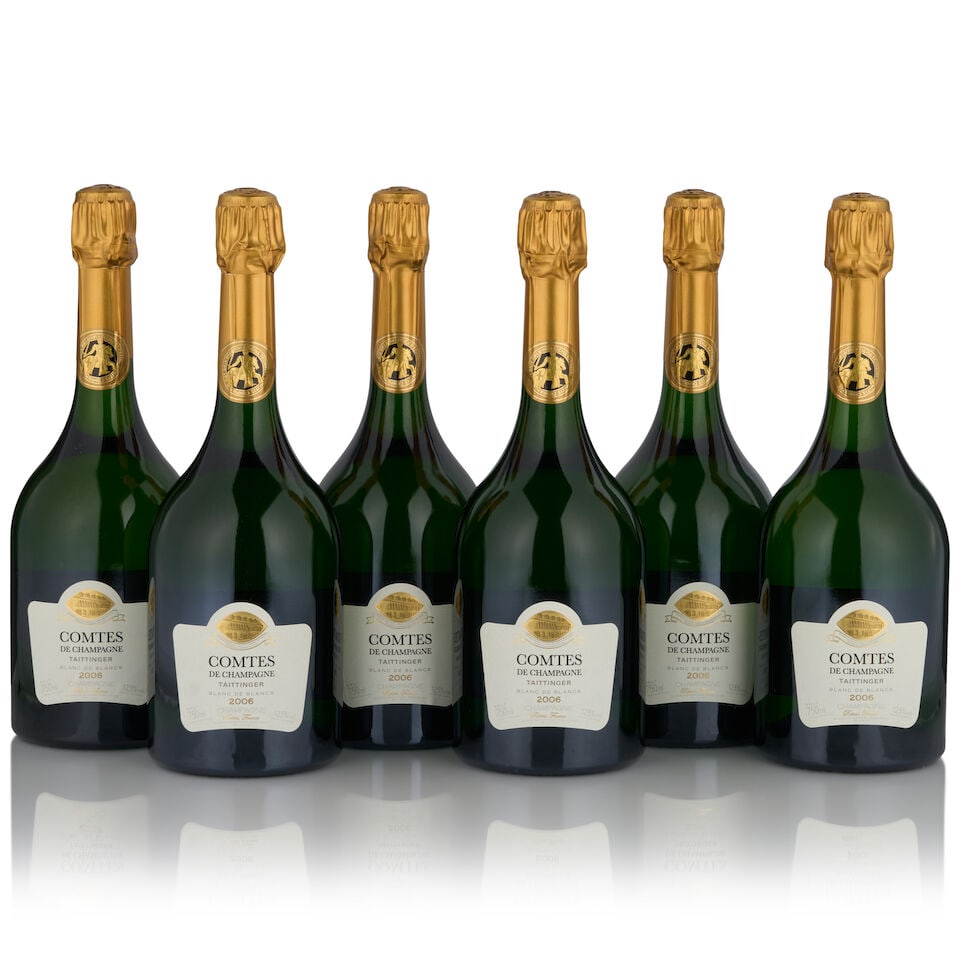 Taittinger, Comtes de Champagne, 2006 (6 bottles, 750ml): Taittinger, Comtes de Champagne, 2006 (6 bottles, 750ml) Region: Reims Fill Level: one 0.5cm, five 1cm Packaging: original cardboard case Footnotes: Champagne This lot is subject to the following lot