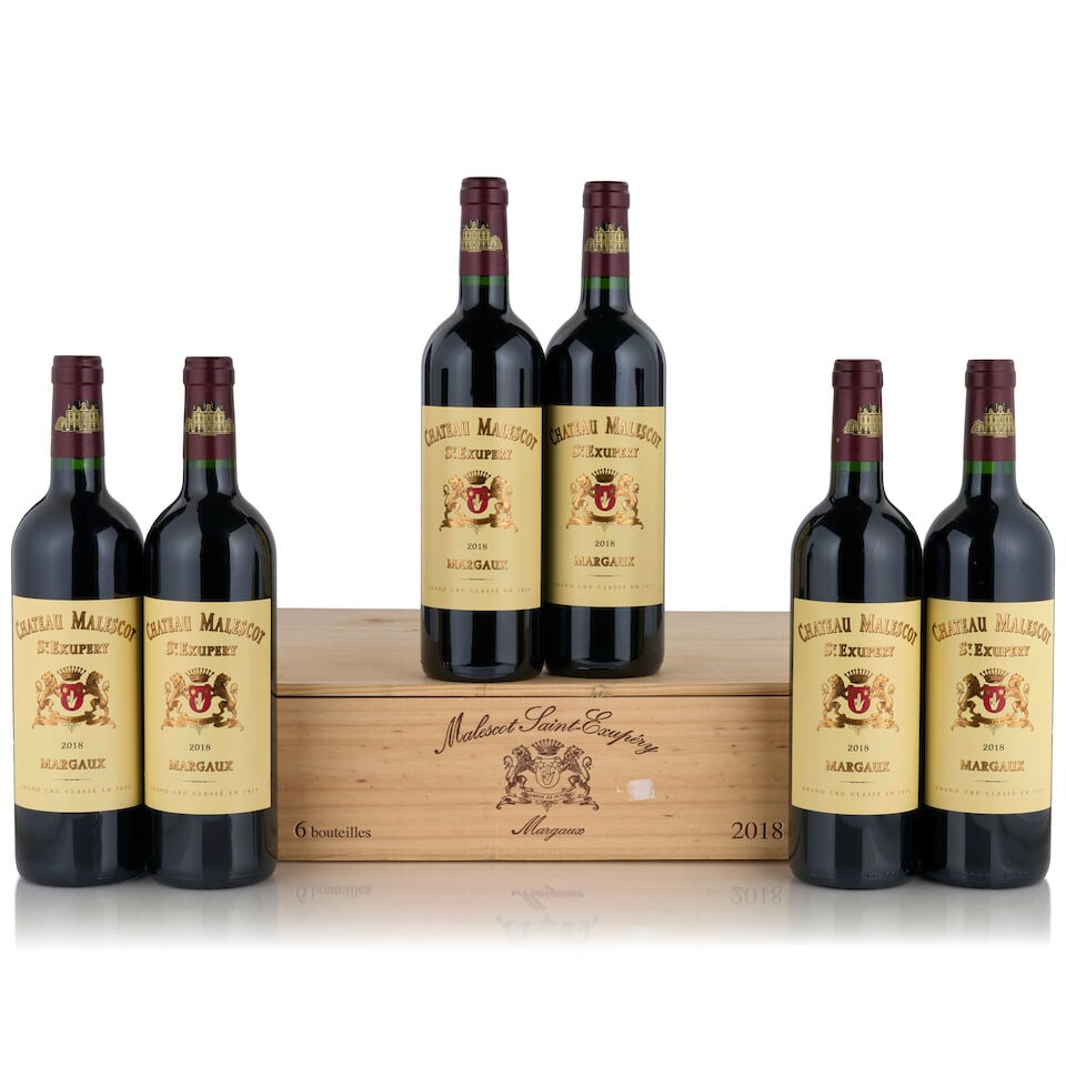 Château Malescot St. Exupéry, 2018 (6 bottles, 750ml): Château Malescot St. Exupéry, 2018 (6 bottles, 750ml) Region: Margaux Packaging: original wooden case Footnotes: Bordeaux, Left Bank This lot is subject to the following lot symbols:
