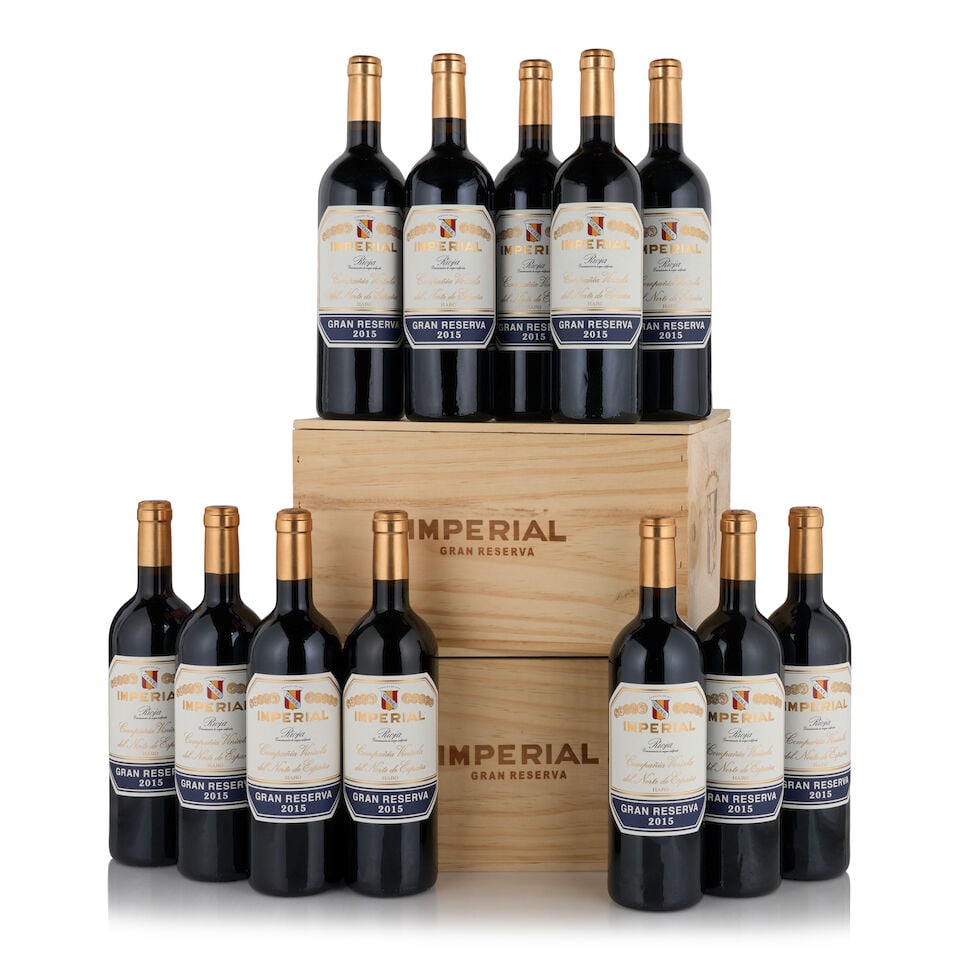 CVNE, Rioja Imperial Gran Riserva, 2015 (12 bottles, ): CVNE, Rioja Imperial Gran Riserva, 2015 (12 bottles, ) Region: Spain Packaging: two 6-pack original wooden cases This lot is subject to the following lot symbols: • • Zero rated for tax,