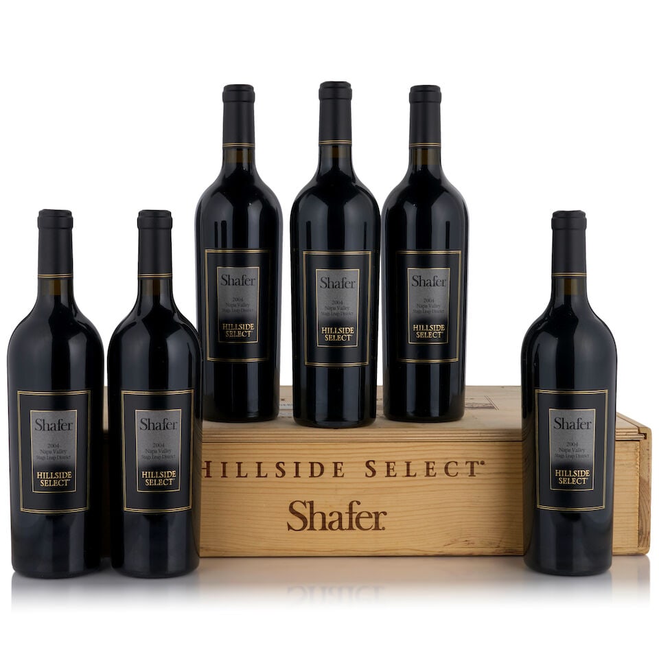 Shafer, Hillside Select, 2004 (6 bottles, 750ml): Shafer, Hillside Select, 2004 (6 bottles, 750ml) Fill Level: bottom neck or better Packaging: original wooden case Footnotes: California This lot is subject to the following lot symbols: