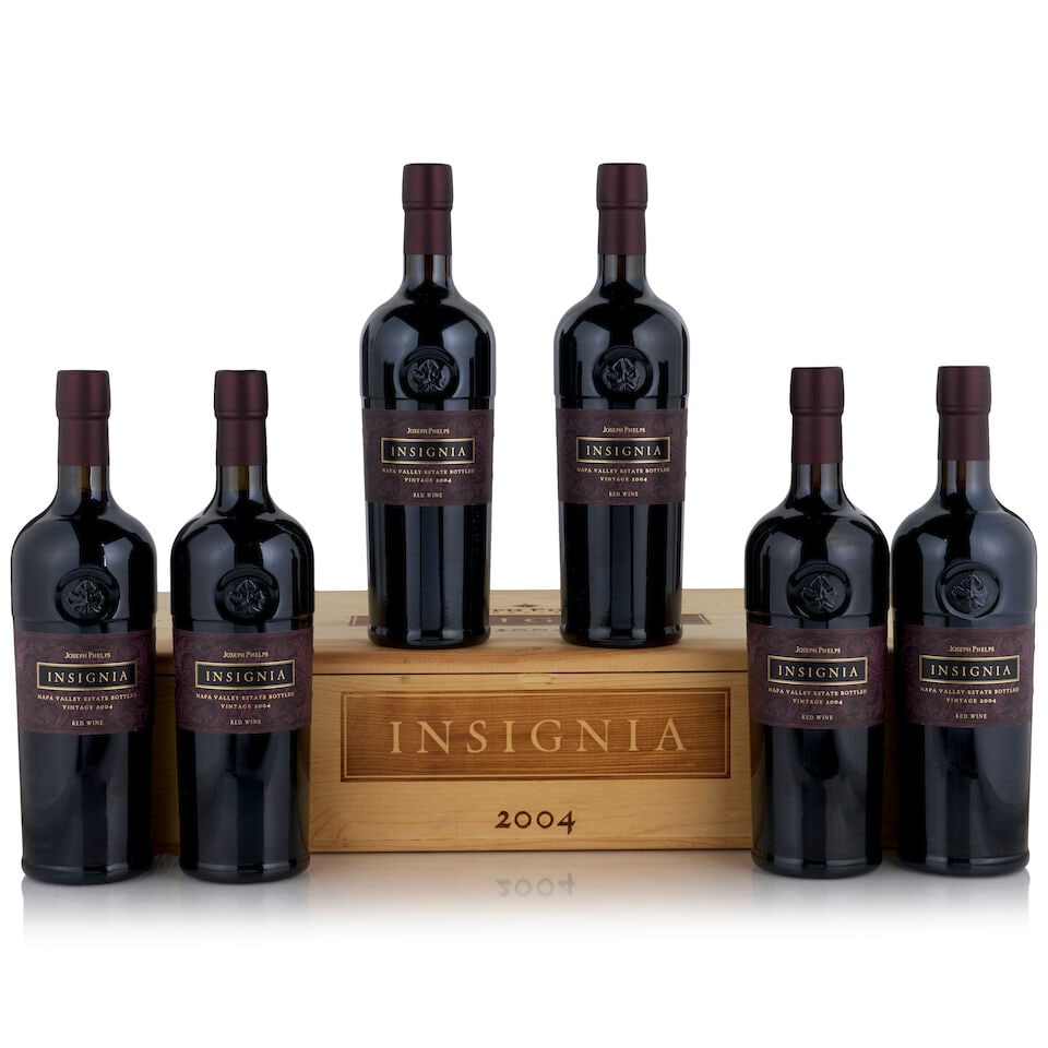 Joseph Phelps, Insignia, 2004 (6 bottles, 750ml): Joseph Phelps, Insignia, 2004 (6 bottles, 750ml) Region: Napa Valley Fill Level: bottom neck or better Packaging: original wooden case Footnotes: California This lot is subject to the following lot sy