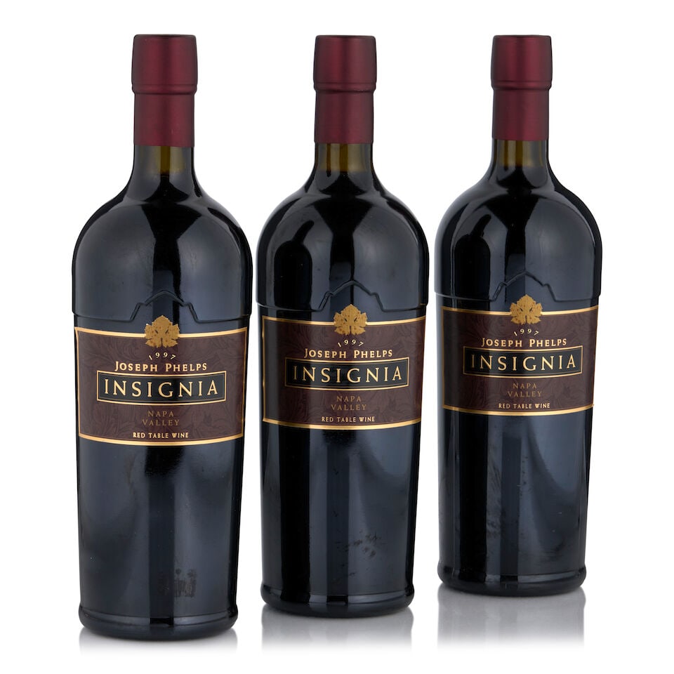 Joseph Phelps, Insignia, 1997 (3 bottles, 750ml): Joseph Phelps, Insignia, 1997 (3 bottles, 750ml) Region: Napa Valley Fill Level: bottom neck Footnotes: California This lot is subject to the following lot symbols: • • Zero rated for tax,