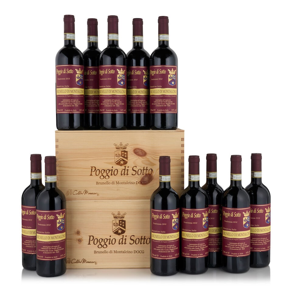 Poggio di Sotto, Brunello di Montalcino, 2018 (12 bottles, 750ml): Poggio di Sotto, Brunello di Montalcino, 2018 (12 bottles, 750ml) Region: Tuscany Packaging: two 6-pack original wooden cases Footnotes: Italy This lot is subject to the following lot symbols: