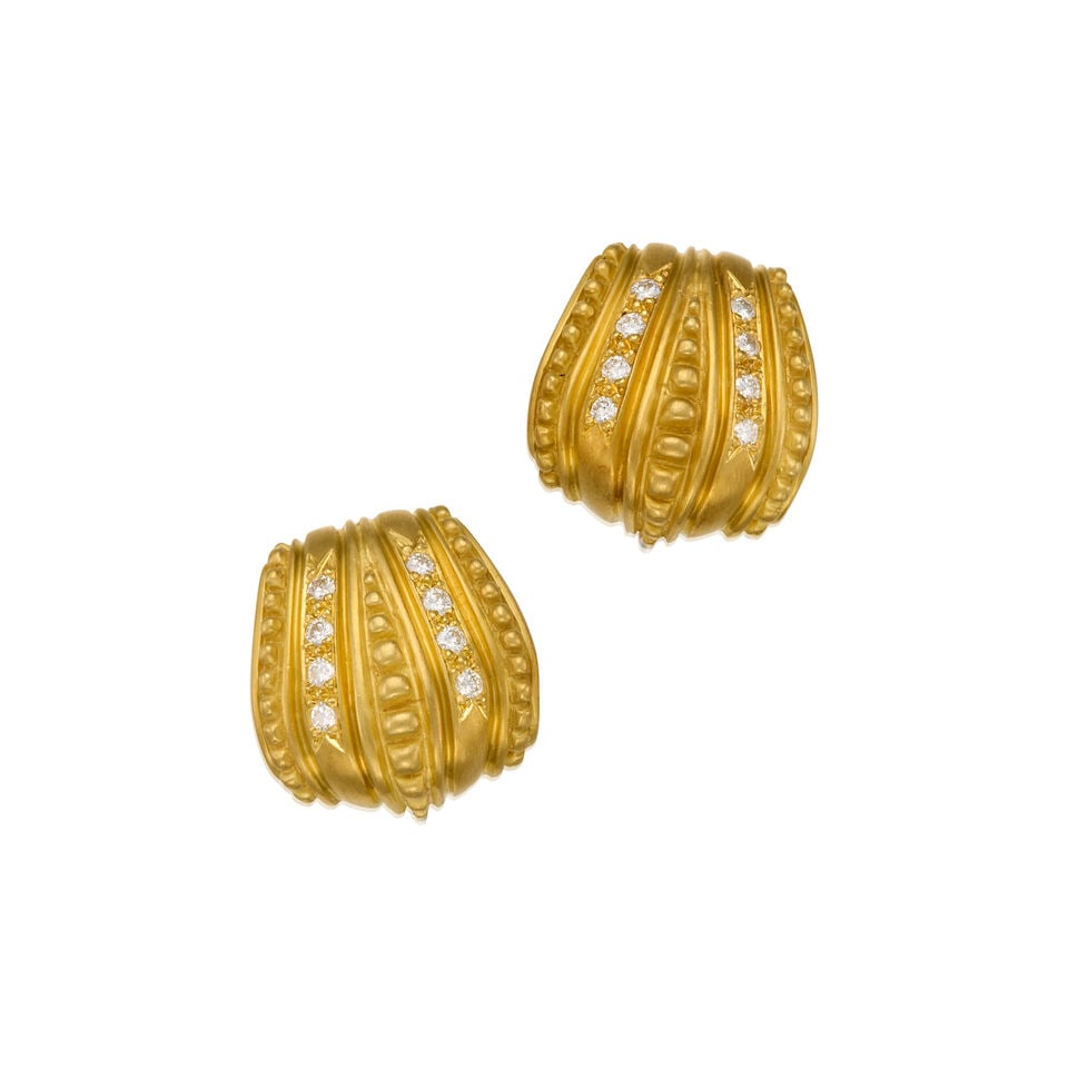 JUDITH RIPKA: 18K GOLD AND DIAMOND EARRINGS: JUDITH RIPKA: 18K GOLD AND DIAMOND EARRINGS • Sixteen round brilliant cut diamonds weighing approximately 0.64 carat total • Measures 3/4 in. x 3/4 in. • Estimated gross weight: