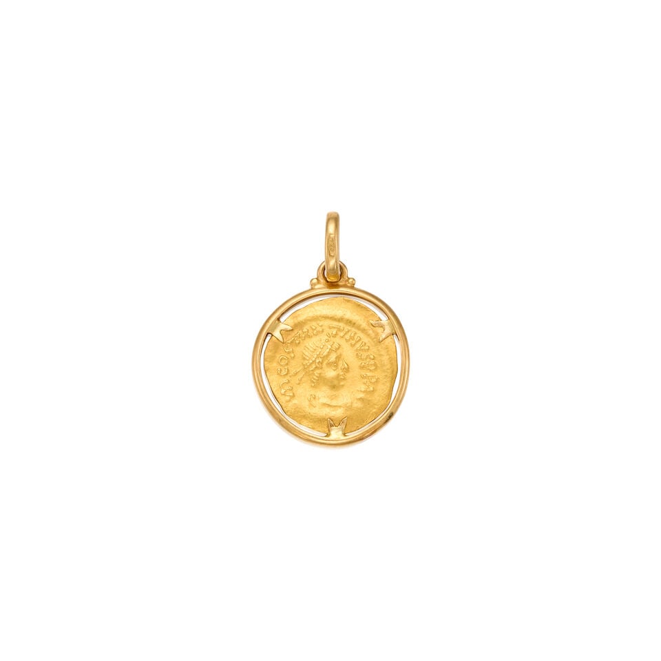 GOLD COIN PENDANT: GOLD COIN PENDANT • 18K and 22K yellow gold • Coin measures approximately 15.90mm in diameter • Measures 1 1/16 in. x 3/4 in. • Estimated gross weight: 3.3