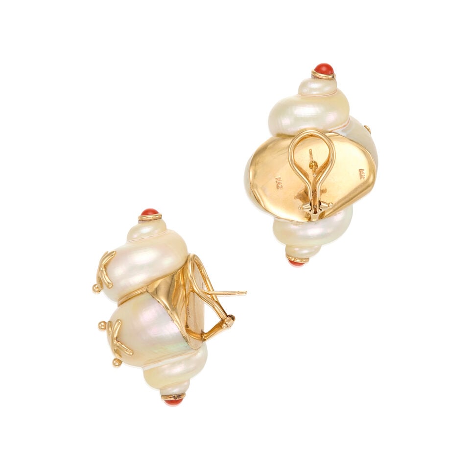 MAZ: 14K YELLOW GOLD, MOTHER OF PEARL, AND CORAL SHELL EARRINGS - 2
