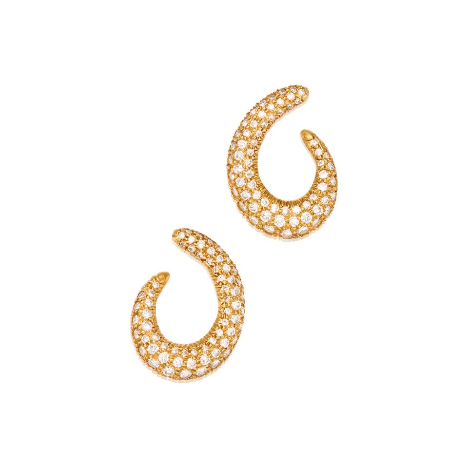 18K GOLD AND DIAMOND EARRINGS: 18K GOLD AND DIAMOND EARRINGS • Numerous round shaped diamonds weighing approximately 1.00 carat total • Measures 1 in. x 3/4 in. • Estimated gross weight: 6.9
