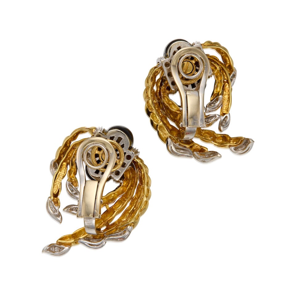 18K BICOLOR GOLD, ONYX AND DIAMOND EARRINGS, ITALIAN - 2