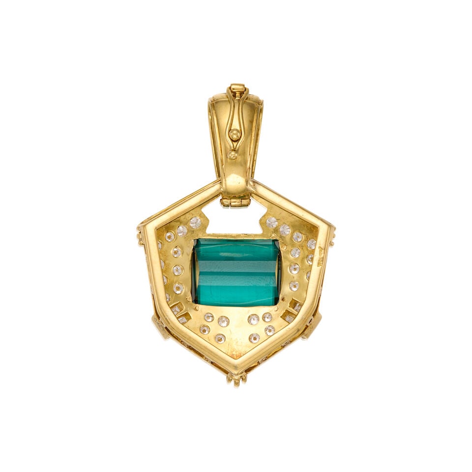 18K YELLOW GOLD, TOURMALINE, AND DIAMOND PENDANT - 2