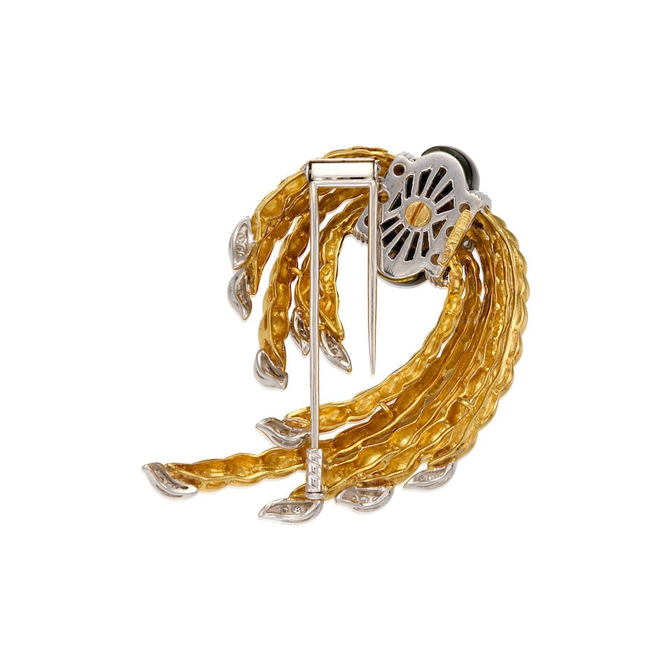 18K BICOLOR GOLD, ONYX, AND DIAMOND BROOCH, ITALIAN - 2