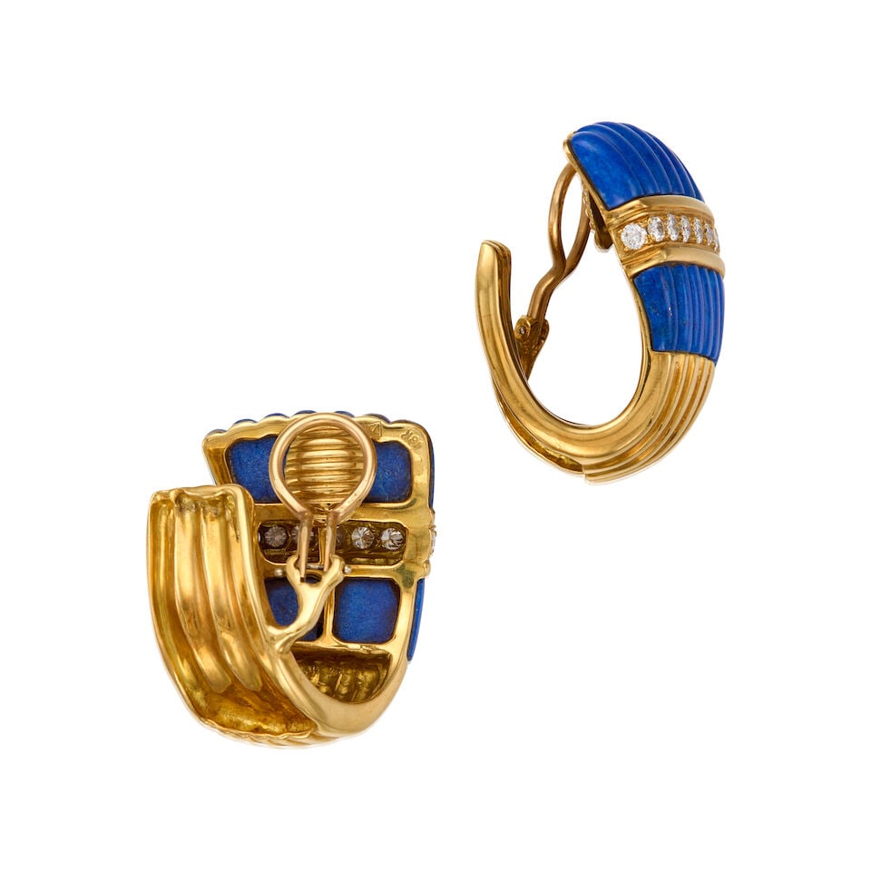18K YELLOW GOLD, LAPIS LAZULI AND DIAMOND EARRINGS - 2