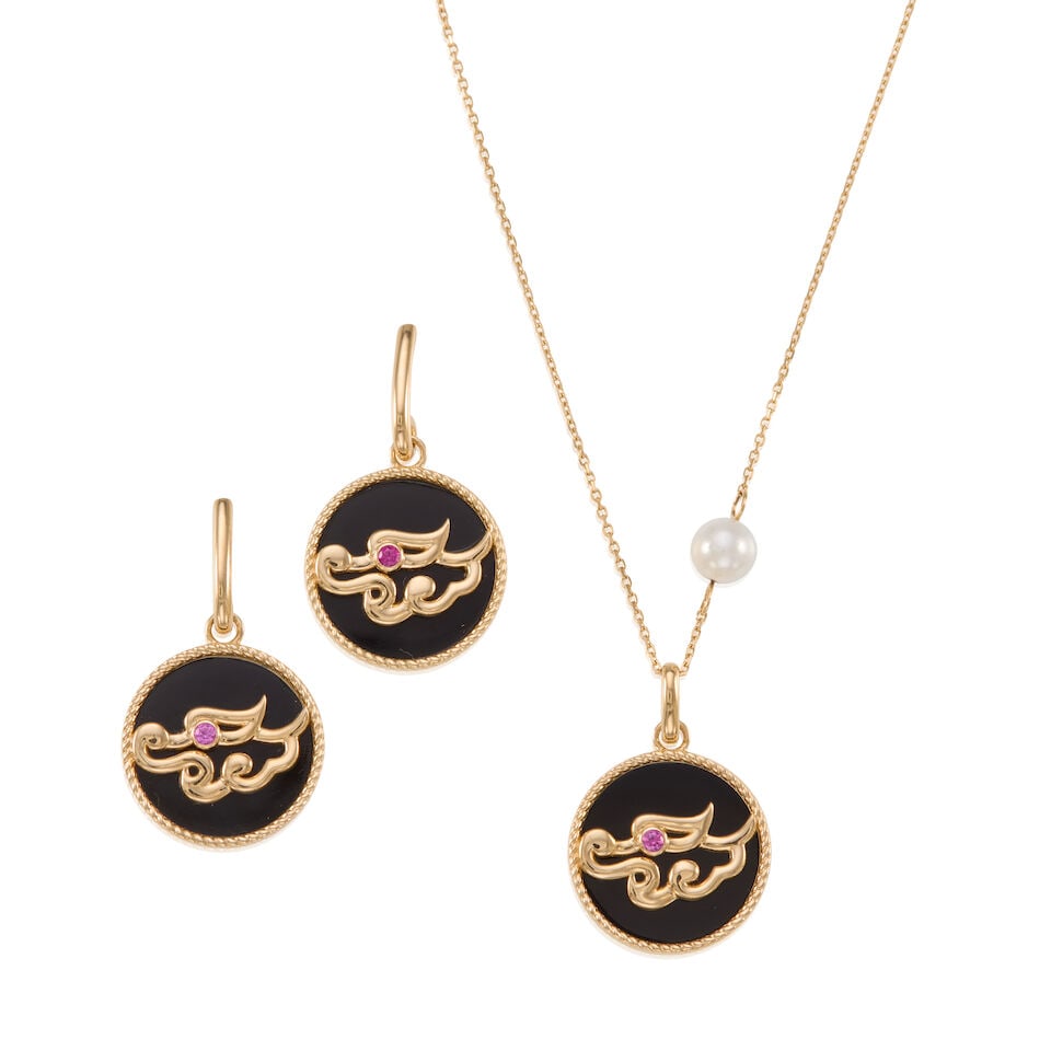 GOLD, ONYX, AND SYNTHETIC RUBY SET: GOLD, ONYX, AND SYNTHETIC RUBY SET • One 14K yellow gold necklace with one cultured pearl measuring 5.27mm in diameter, one synthetic ruby, and one circular shaped onyx measuring 14.51mm in
