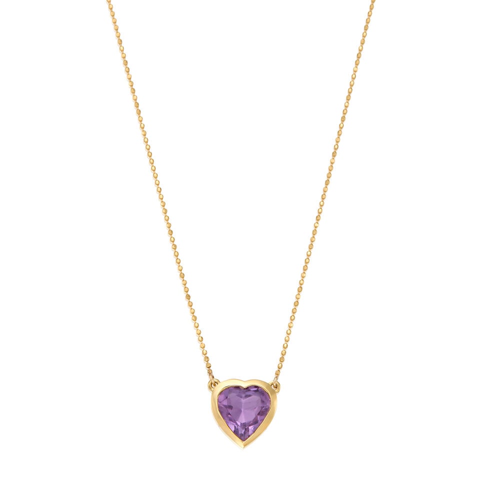 18K YELLOW GOLD AND AMETHYST PENDANT NECKLACE: 18K YELLOW GOLD AND AMETHYST PENDANT NECKLACE • A heart shaped amethyst weighing approximately 2.10 carats • Pendant measures 1/2 in. x 1/2 in. • Chain length 16 in. •